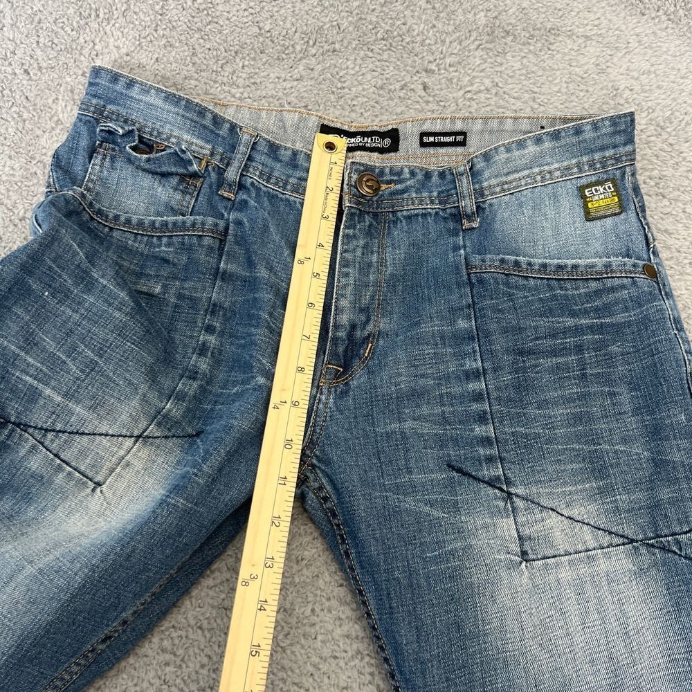 Ecko Unltd Slim‎ Straight Jeans Mens 34 Blue Excellent Y2K Embroidered Denim - Picture 6 of 16